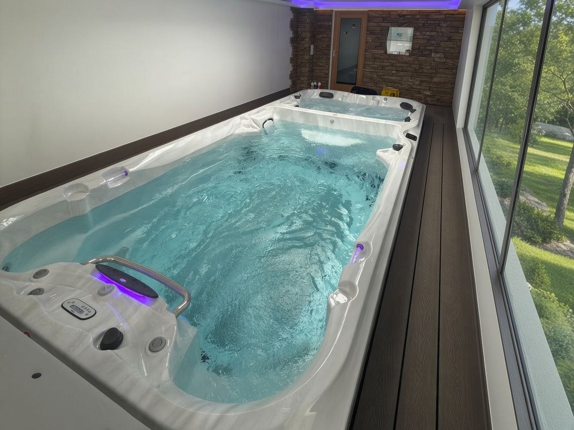 Монтаж плавательного спа бассейна с противотоком Jacuzzi J-19DT PowerPro Swim Spa в подмосковном отеле